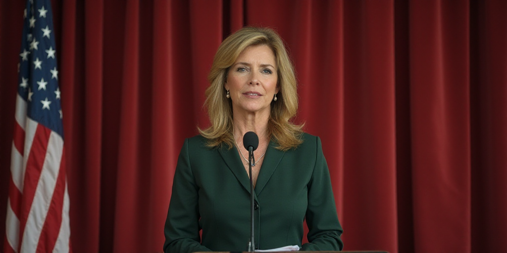 a woman standing in front of a microphone in front of a flag and curtained wall with a curtain, Bren