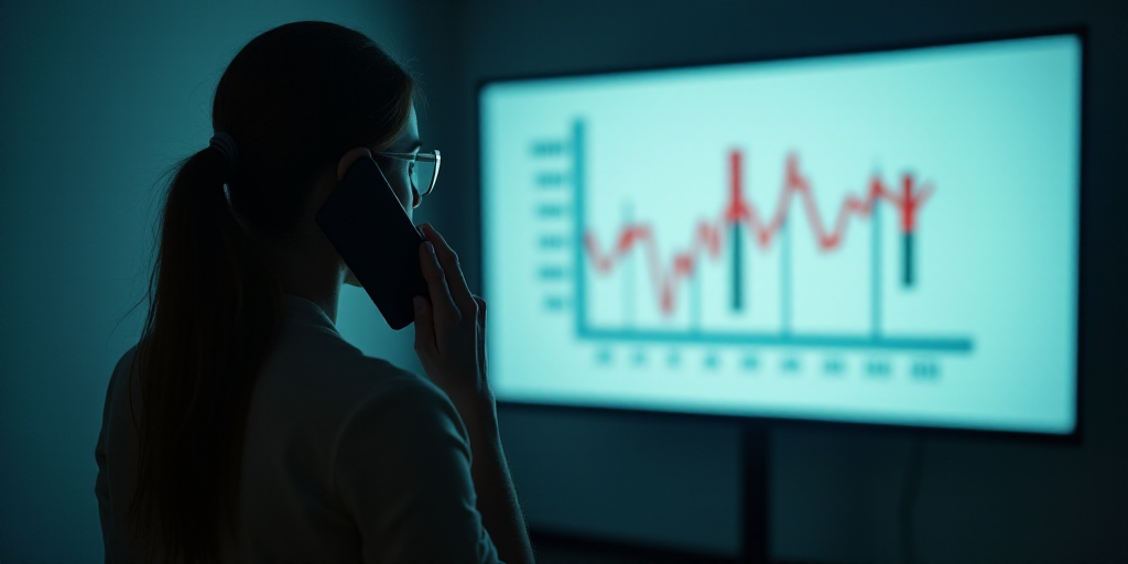 a woman standing in front of a large screen with a chart on it's side and a phone to her ear, Aracel