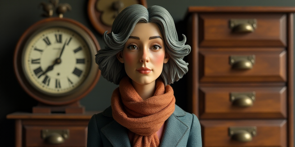 a woman standing in front of a wall of drawers with a clock on it's side and a scarf around her neck