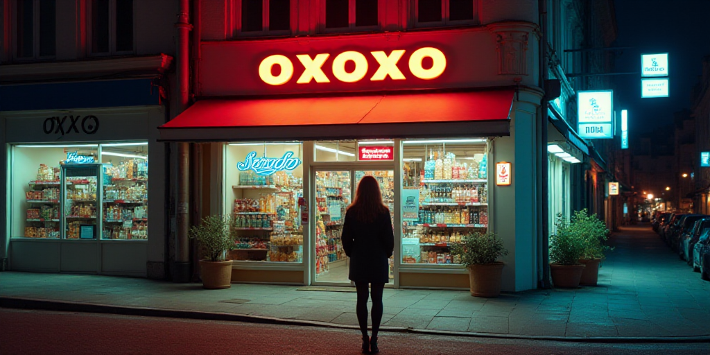 a woman standing in front of a store with a sign above her head that says oxxo and the store is on t