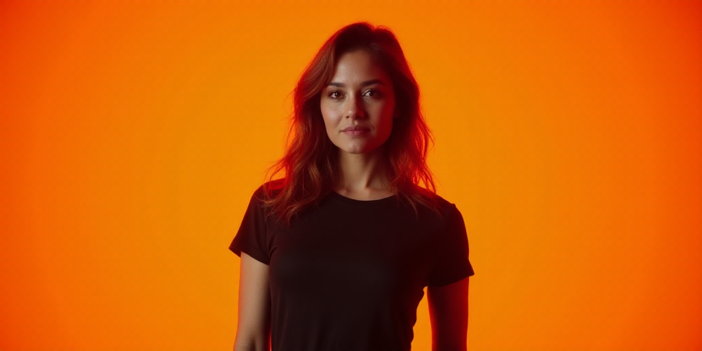 a woman standing in front of an orange background with a black and white photo of her and the words