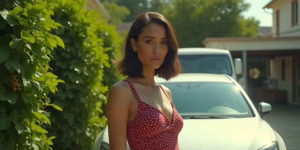 a woman standing next to a parked car in a garden area with a green bush behind her and a white van