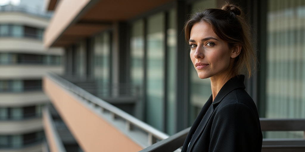 a woman standing on a balcony in a building with a balcony and a balcony railing with a railing rail