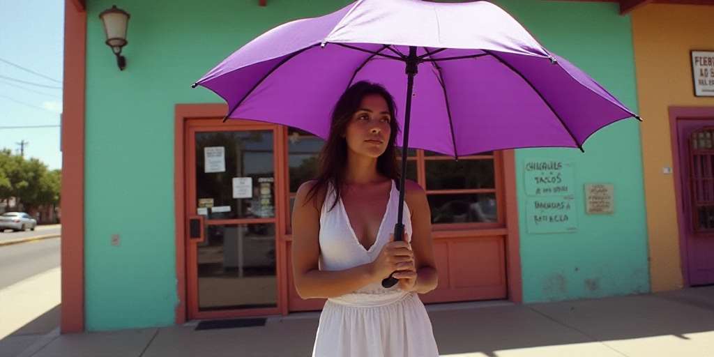 a woman standing under a purple umbrella in front of a building with a sign on it that says, chilaqu