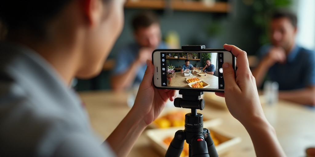 a woman taking a picture of a box of food with her phone camera on a tripod in front of a table, And