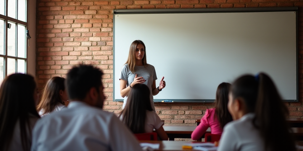 a woman teaching a class of children in a classroom with a whiteboard and a brick wall behind her, A
