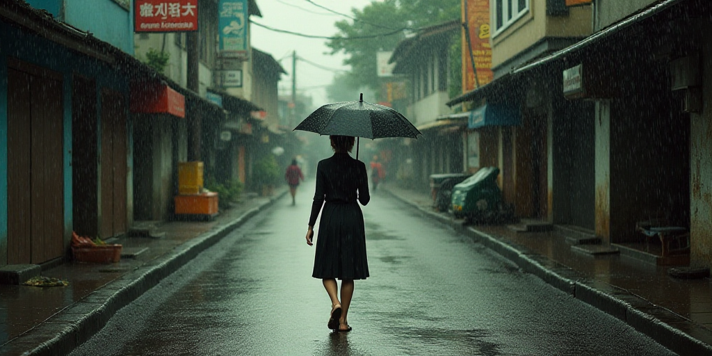 a woman walking down a street while holding an umbrella over her head and a woman walking down a str