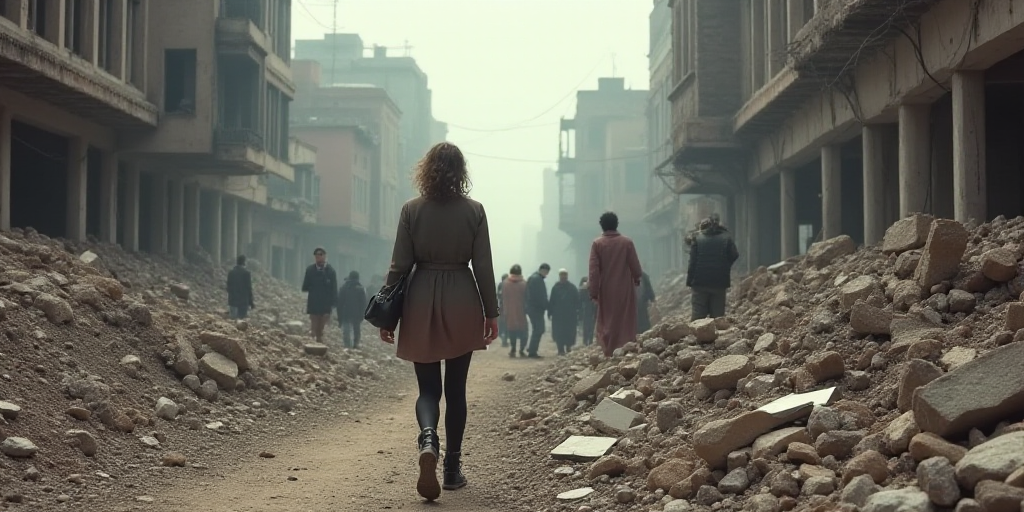 a woman walks through a rubble - covered area in a city with people standing around and looking at t