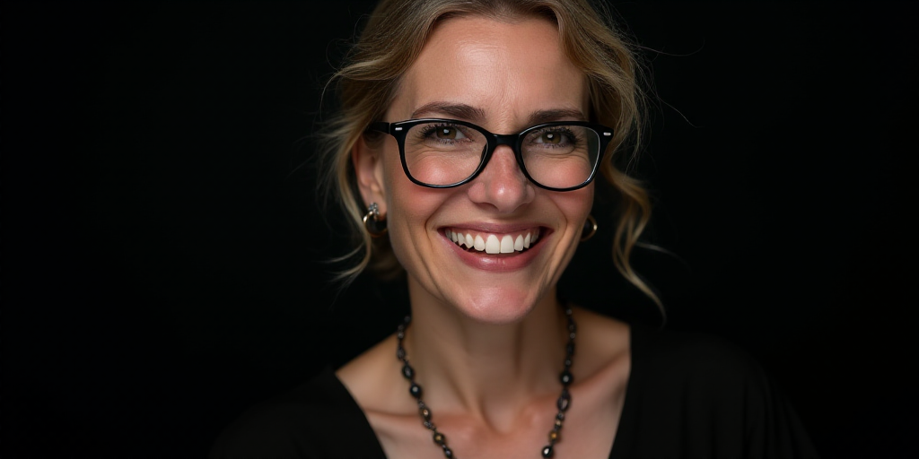 a woman wearing glasses and a necklace smiling at the camera with a smile on her face and a black ba
