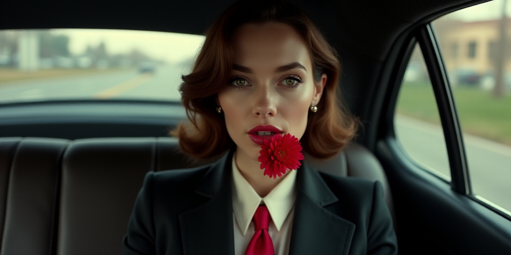a woman with a black jacket and a red tie in a car with a red flower in her mouth, Elisabeth Collins