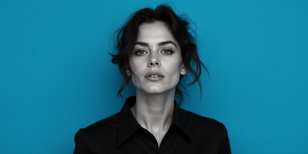 a woman with a black shirt and a blue background with a black and white photo of her face and the wo