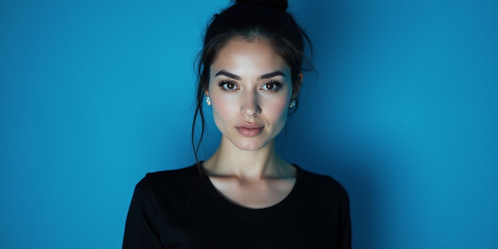 a woman with a black shirt and a blue background with a black and white photo of her face and the wo