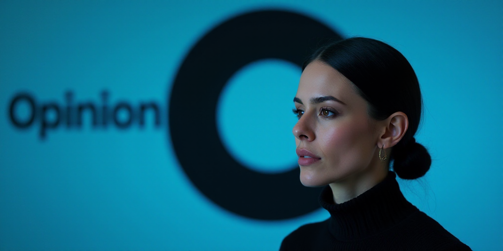 a woman with a black top and blue background with the words opinion and a black circle with a blue b