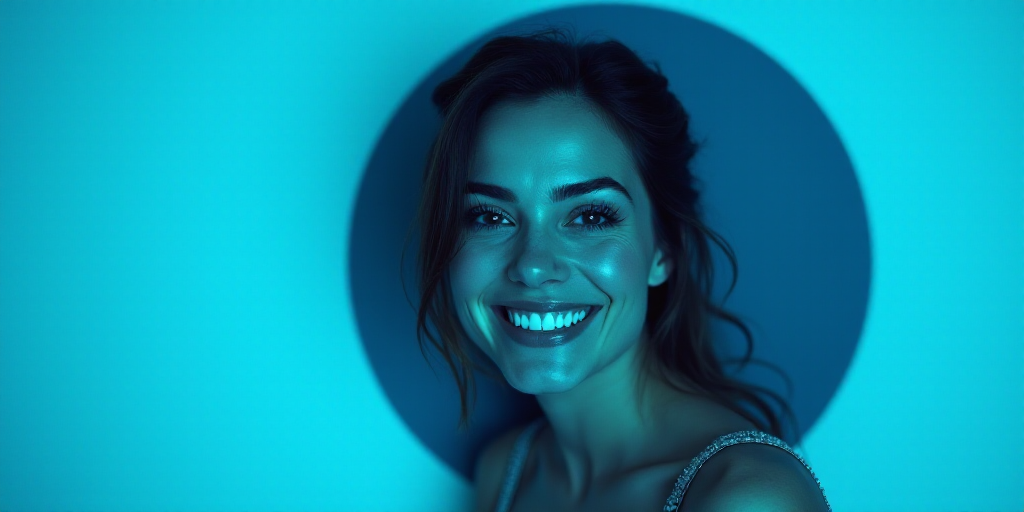 a woman with a blue background and a black and white photo of her is smiling and has a blue circle a