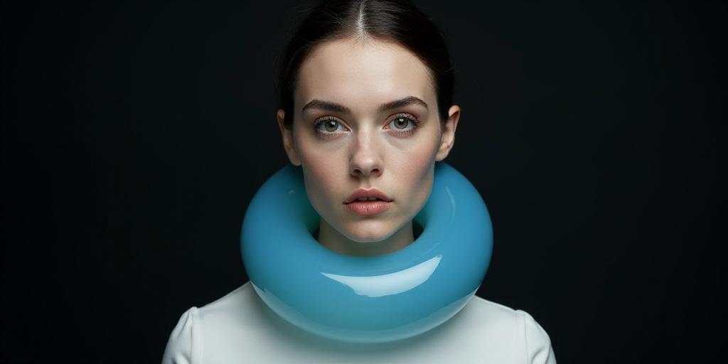 a woman with a blue circle around her neck and a black background with a white circle around her nec