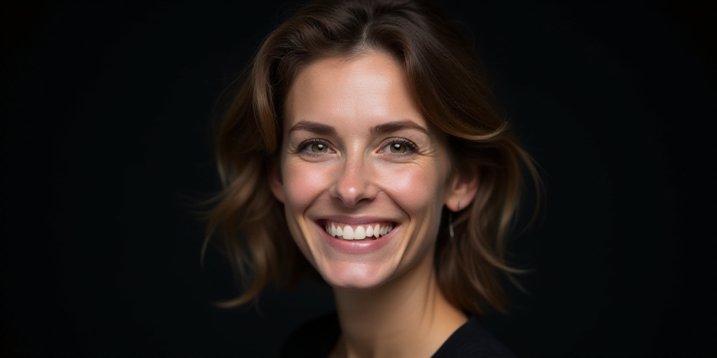 a woman with a smile on her face and a black background is shown in the background of the image, Fra