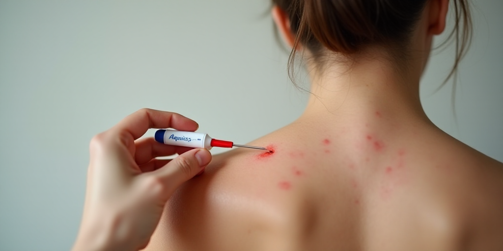 a woman with acne on her back with a thermometer in her hand and a red marker on her shoulder, Aquir