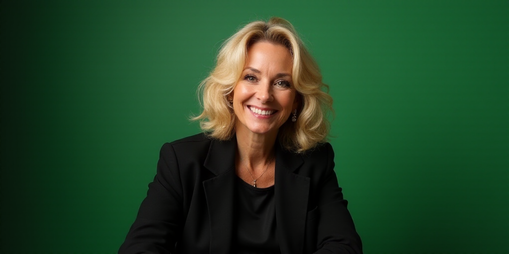 a woman with blonde hair and a black jacket smiling at the camera with a green wall behind her and a