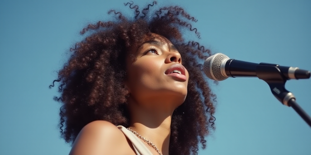 a woman with curly hair is speaking into a microphone and looking up at the sky with a surprised loo