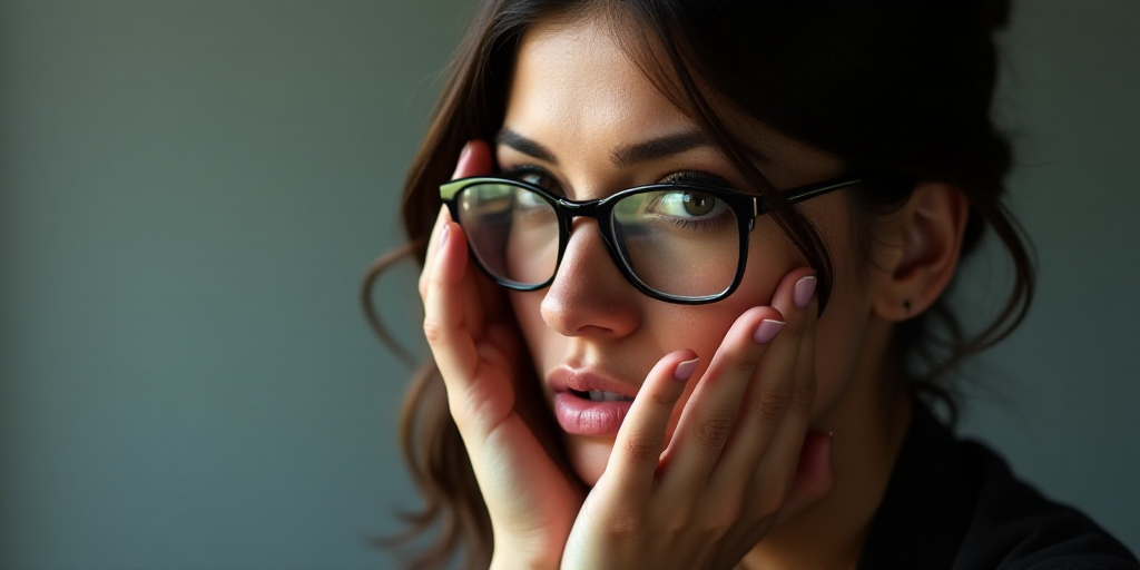 a woman with glasses is holding her hand to her face and looking at the camera with a serious look o