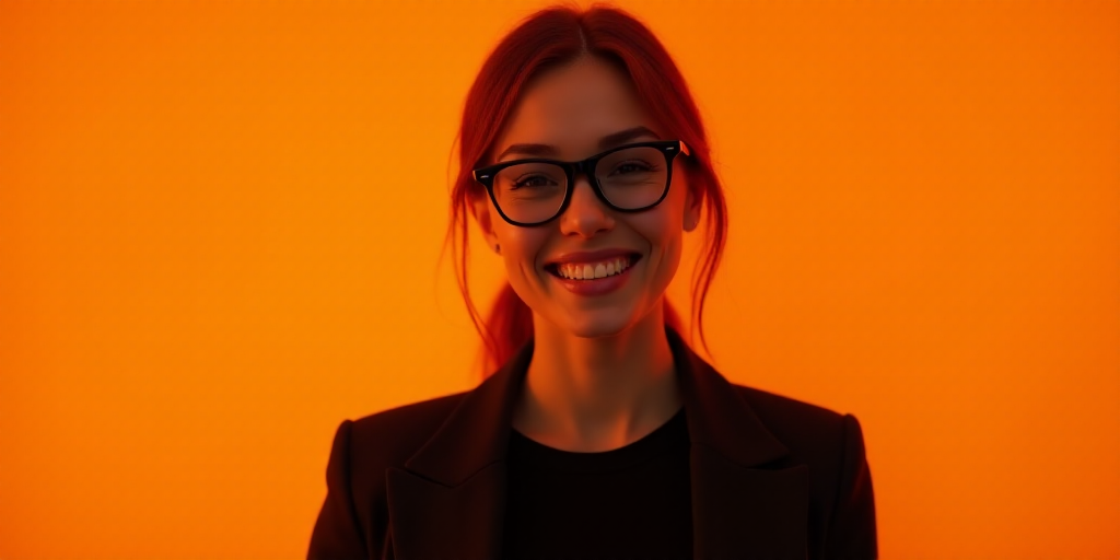 a woman with glasses is smiling for the camera with an orange background and a black jacket and blac