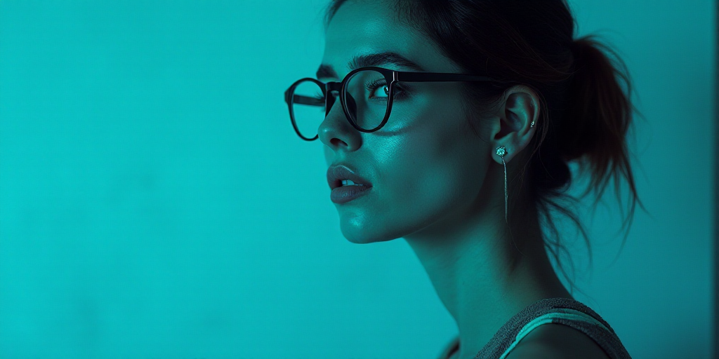 a woman with glasses standing in front of a blue background with a black and white photo of her face