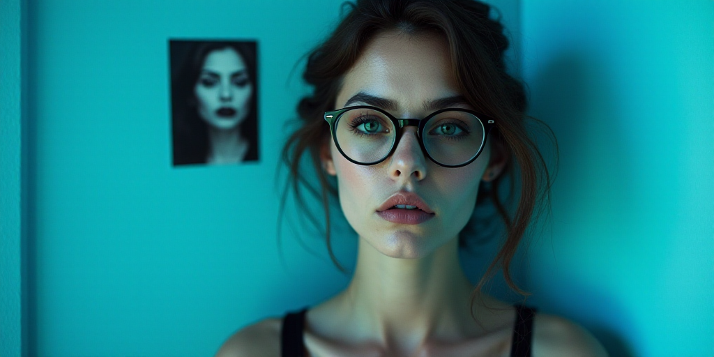 a woman with glasses standing in front of a blue background with a black and white photo of her face