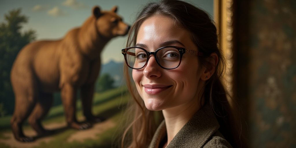 a woman with glasses standing in front of a painting of a bear on a wall with a smile on her face, E