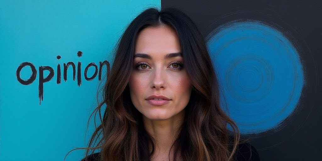 a woman with long hair and a blue background with the words opinion on it, and a black and blue back