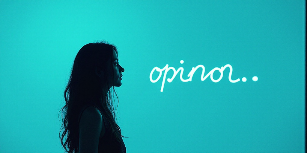 a woman with long hair and a blue background with the words, opinion, and a black and white photo, A