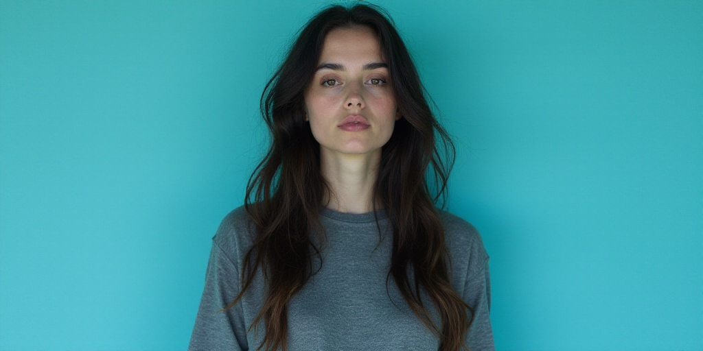 a woman with long hair and a gray shirt is standing in front of a blue background with a black and w