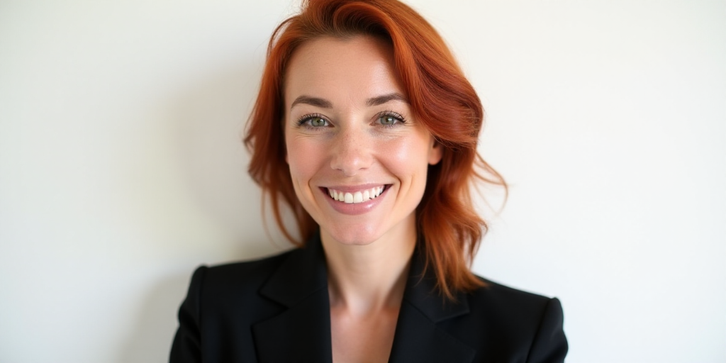 a woman with red hair and a black jacket is smiling at the camera with a white background behind her