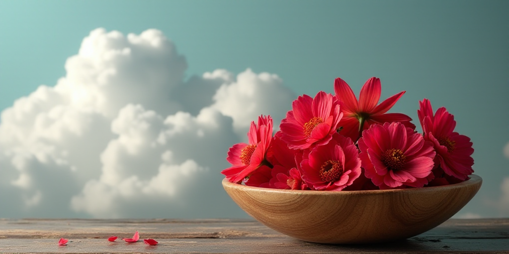 a wooden bowl filled with red flowers on top of a table next to a wall of clouds in the background,