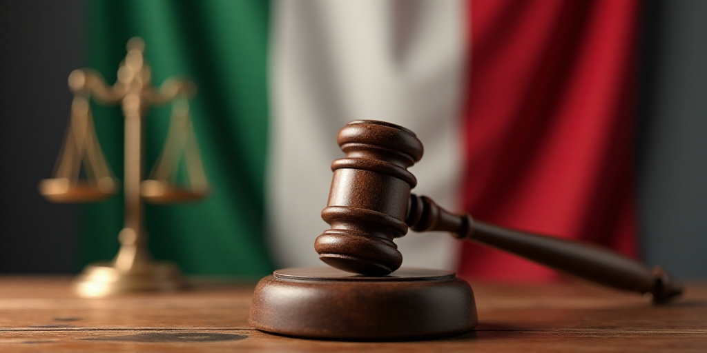 a wooden judge's gavel in front of a flag of italy and a wooden table with a flag, Avgust Černigoj,