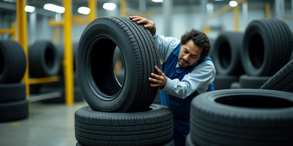 a worker is working on a tire in a factory with other tires in the background and a yellow rack with