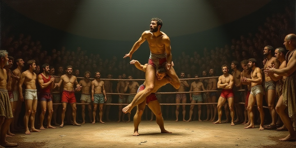a wrestler is lifted up by his opponent in a ring of people watching him from the sidelines of the r