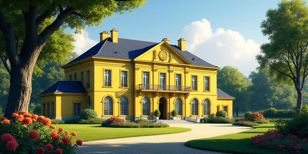a yellow building with a garden in front of it and a tree in the foreground with a few flowers in fr