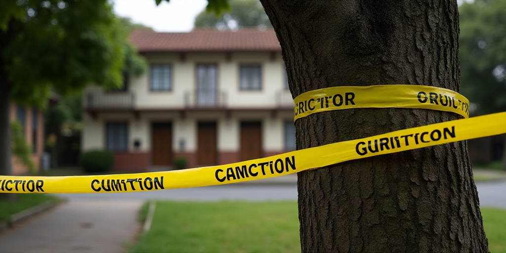 a yellow caution tape is in front of a tree and a building in the background with a building across