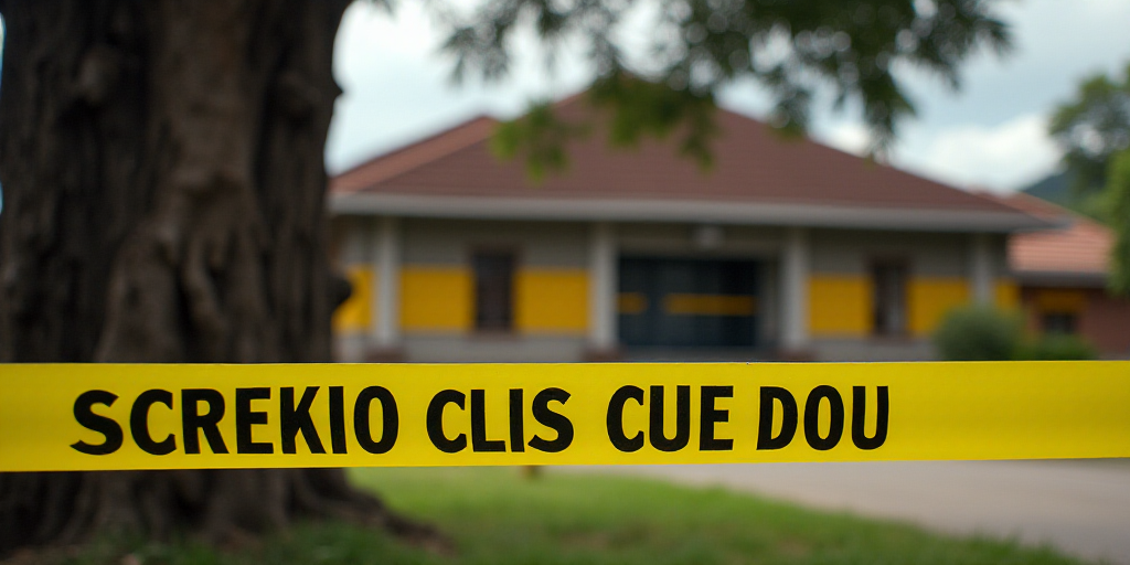 a yellow caution tape is in front of a tree and a building in the background with a building across