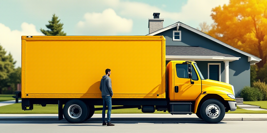 a yellow delivery truck parked in front of a house with a man standing next to it in front of it, Ca