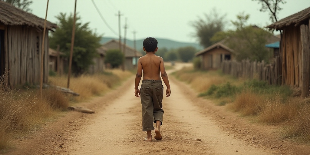 a young boy walking down a dirt road in front of a village with a shack and a few people, Ceferí Ol
