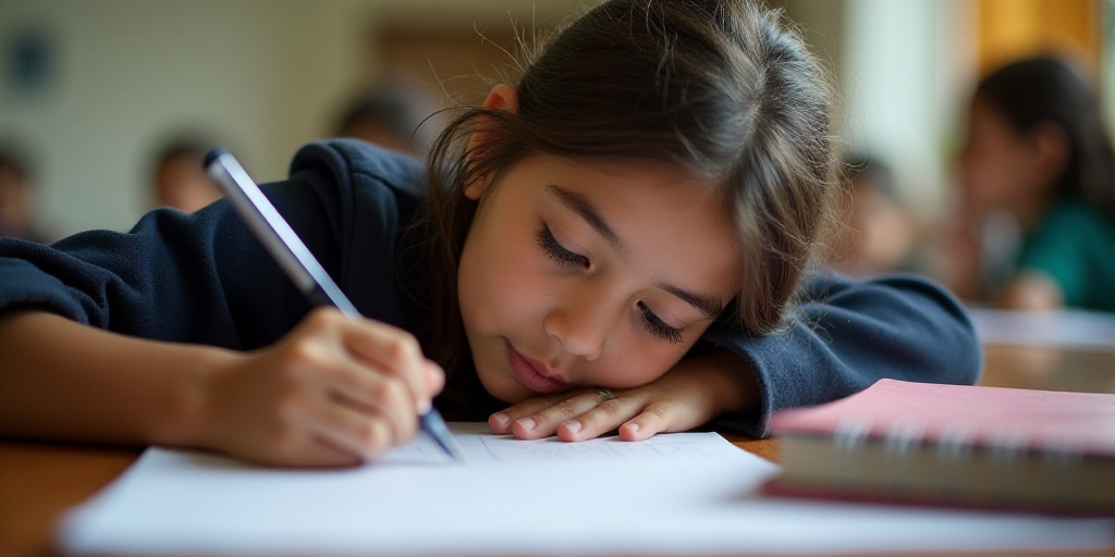 a young girl is writing on a piece of paper at a table with a pen and a notebook in front of her, Ar