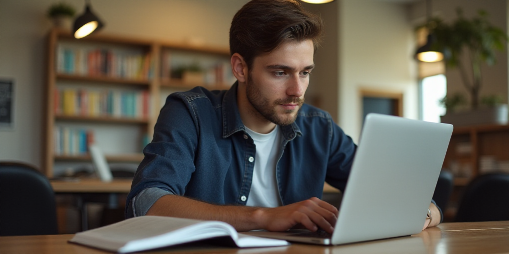 a young man sitting at a table using a laptop computer while looking at a book on the table next to