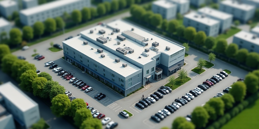 an aerial view of a factory building and surrounding buildings with a parking lot and a parking lot