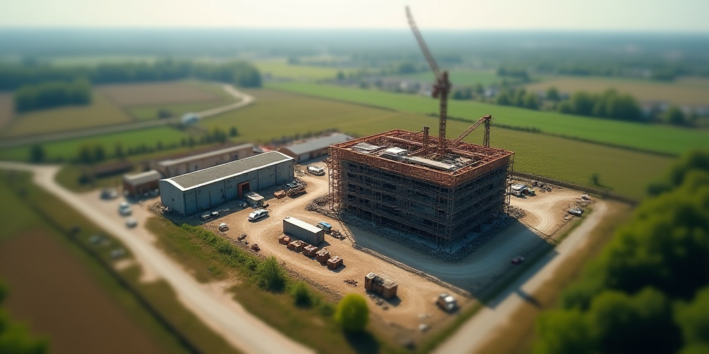 an aerial view of a factory building under construction in the country side of the country side of t