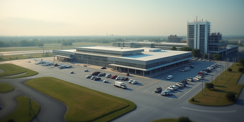 an aerial view of a large airport with cars parked in front of it and a building under construction