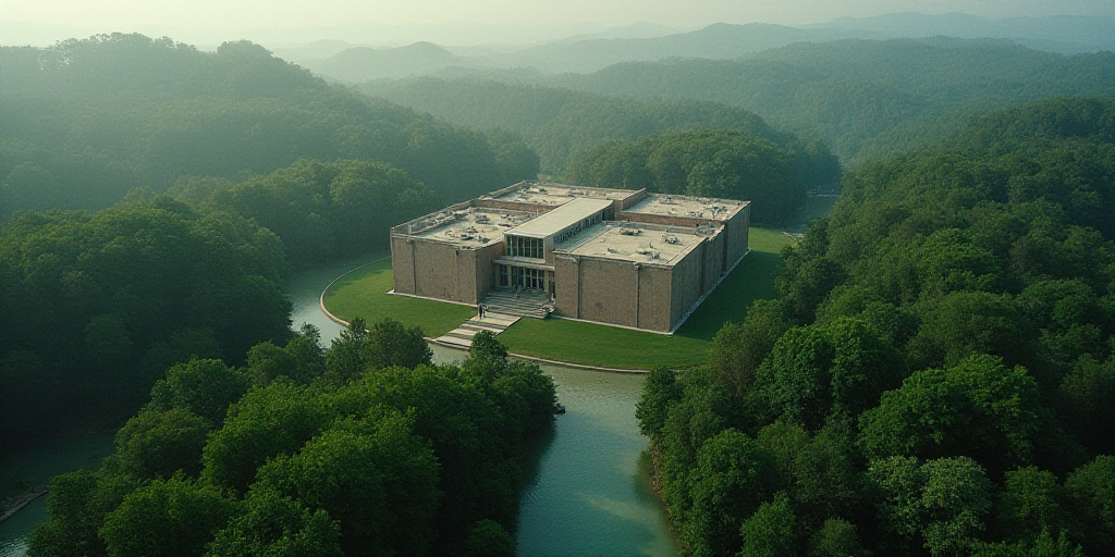 an aerial view of a large building in the middle of a forest with a river running through it and a b