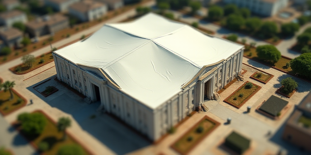 an aerial view of a large building with a large white sheet covering it's roof and surrounding it, D