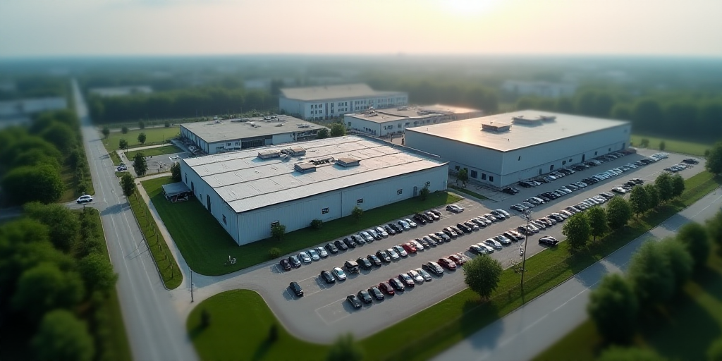 an aerial view of a large industrial building with a parking lot in front of it and a large building