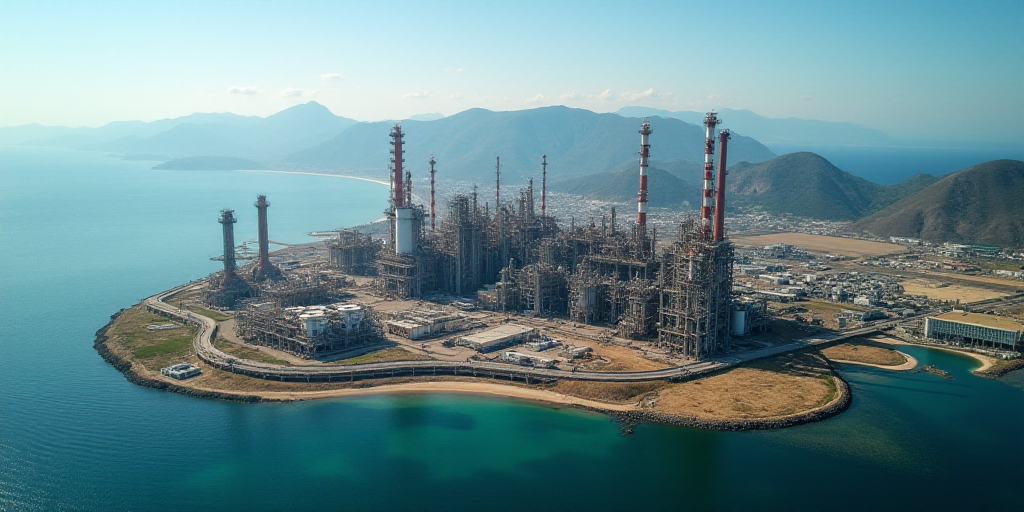 an aerial view of a large oil refinery near the ocean with mountains in the background and a body of